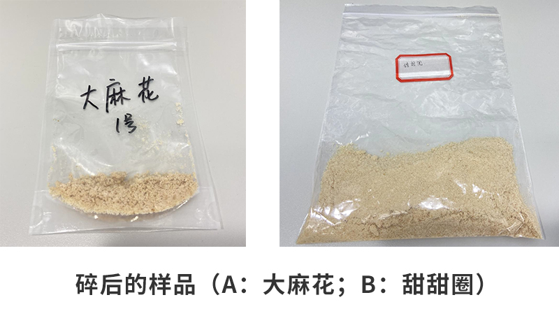 粉碎后的樣品（a：大麻花；b：甜甜圈）